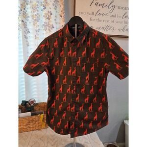 21 Men Giraffe Print Short Sleeve Button Down Shirt Olive Green Orange Small